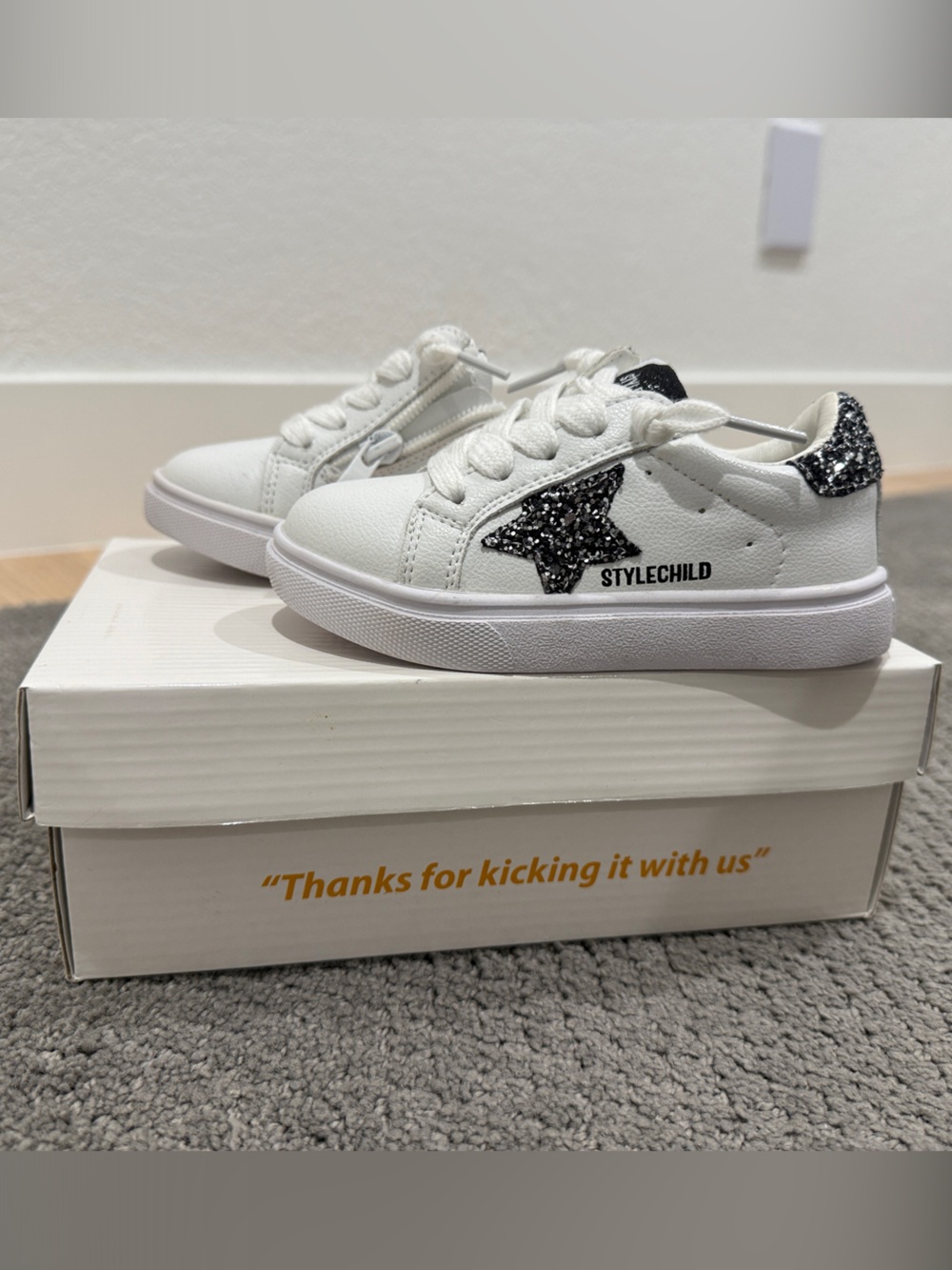 White Kids Sneakers with Black Glitter Star